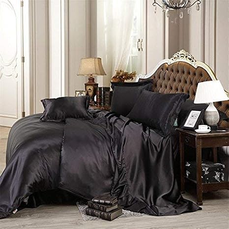 Eastern King Duvet Cover 100% Pure Silk Satin Eastern King 118x108 Comforter Cover All Season 3 Piece Black
