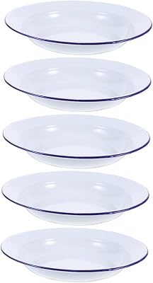 Vintage Look Enamel Hot Pot Plates 16cm Set of 5 White Blue Rim Versatile Serving Plates for Home and Restaurant
