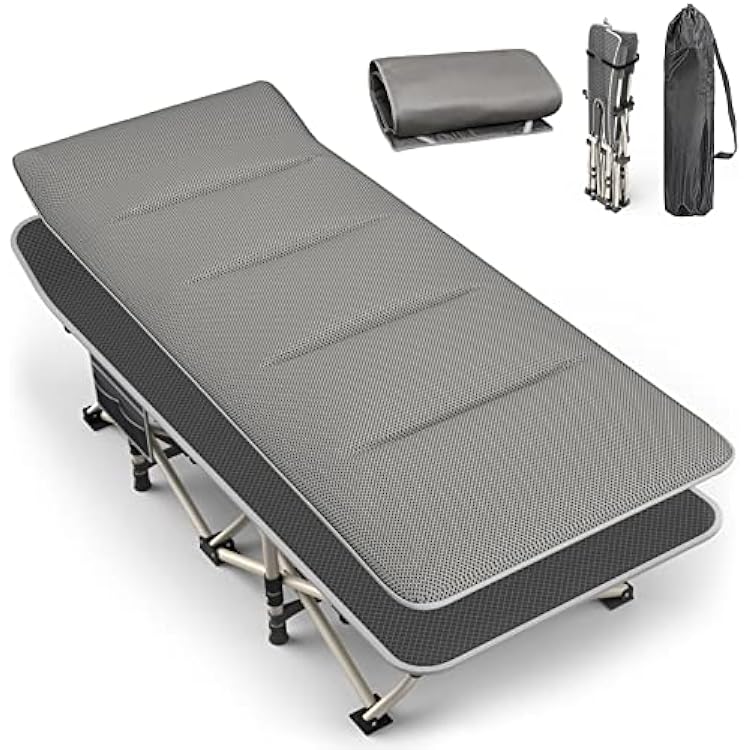 ATORPOK Camping Cot for Adults with Cushion, Sleeping Cots Comfortable Folding Bed 450lbs, Portable Tent Cots with Carry Bag for Camp Office Beach Use, Grey