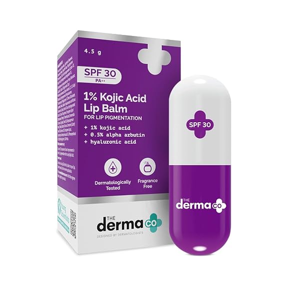 The Derma Co 1% Kojic Acid Lip Balm I With Alpha Arbutin & Hyaluronic Acid I Treats PigmentationGives Moisturized LipsOff WhiteTravel FriendlyFor Dark & Pigmented Lips4.5 g