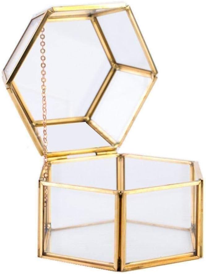 Storage Jewelry Box, Hexagon, Clear Glass, Storage Box with Lid, Terrarium Jewelry Holder, Jewelry Box, Geometric Flower Room, Stylish, Home Decor Box, Multi-functional, Storage Case Color: Gold
