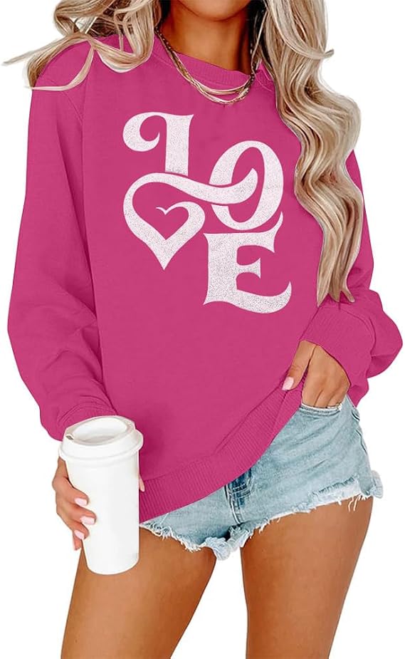Valentines Sweatshirt for Women Glitter Love Graphic Shirts Casual Valentines Long Sleeve Pullover Tops