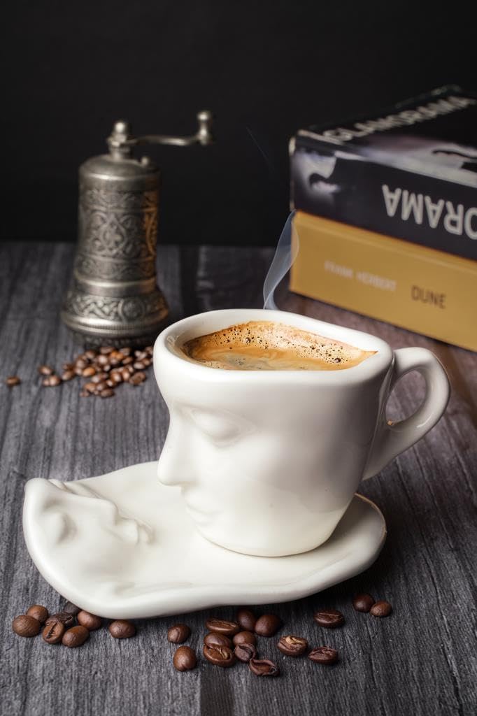 Mithra Life 110 ML Face Shaped Ceramic White Turkish Coffee Cup Set MIT1079