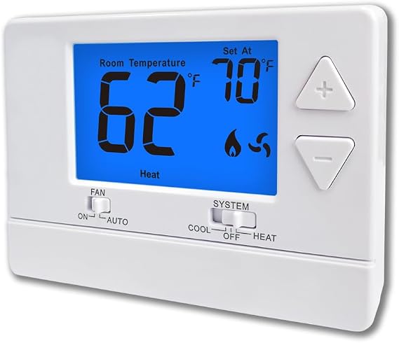 NonProgrammable Thermostat for House, Digital Energy-Saving Thermostat, Single-Stage Systems, 1 Heat/1 Cool, Easy DIY Install, Blue Backlight