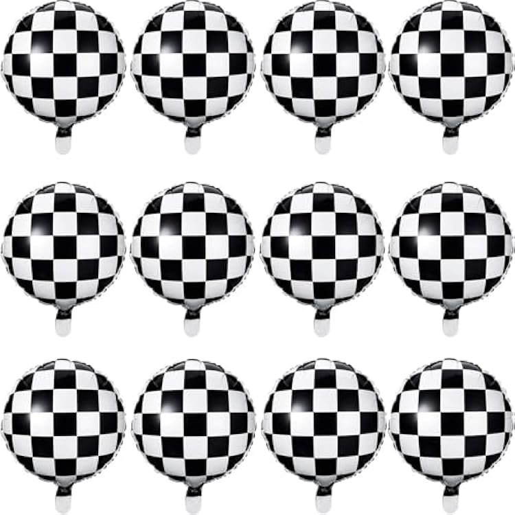 Checkerboard Balloon 12 Pcs Aluminum Foil Black White Checkered Balloon for Racing Themed Party Decoration Supply, 18 Inches