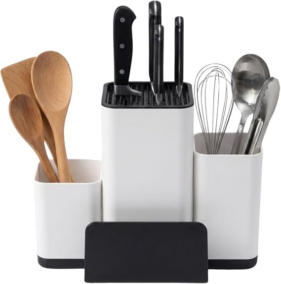Bıçak Organizeri ve Mutfak Gereçleri Düzenleyici – Çok Bölmeli Kaymaz Tabanlı Modern Bıçaklık, Ahşap ve Metal Bıçaklara Uygun Saklama Standı, Kaşık Spatula ve Kepçe Düzenleyici