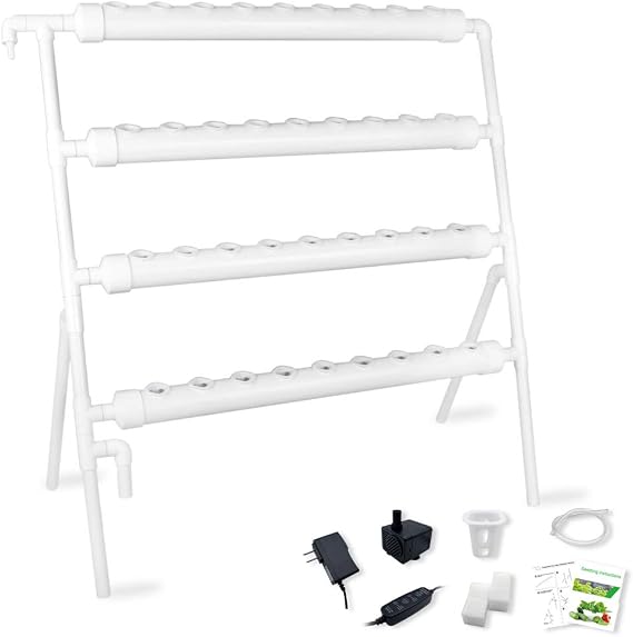 Hydroponic Growing System 4 Layer 36 Holes with Timed Cycle Fertilizer, PVC-U Pipe Hydroponic Kit with Cups Sponge Pump