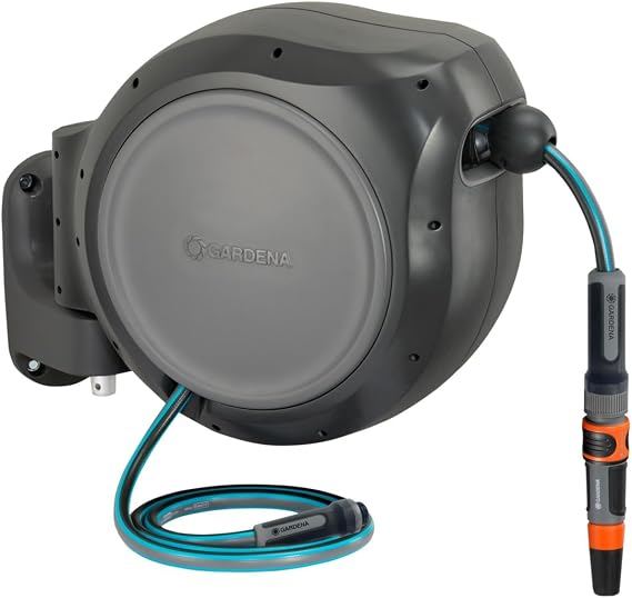 GARDENA Retractable Garden Hose Reel - 100 Feet - Auto Retract Hose Reel with 180 Swivel Wall Mount - Heavy Duty - Includes Spray Nozzle - 20505