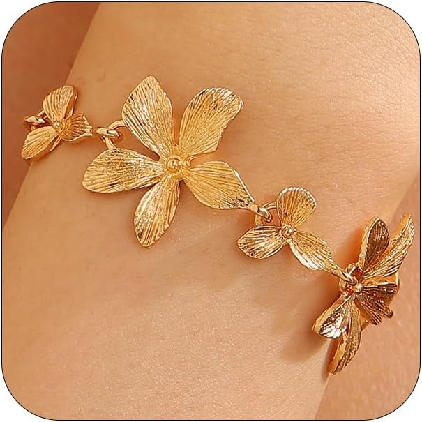 Statement Gold Metal Flower Bracelet for Women, Vintage Punk Floral Petal Chain Bracelets Trendy Boho Costume Accessories Simple Party Jewelry Gifts