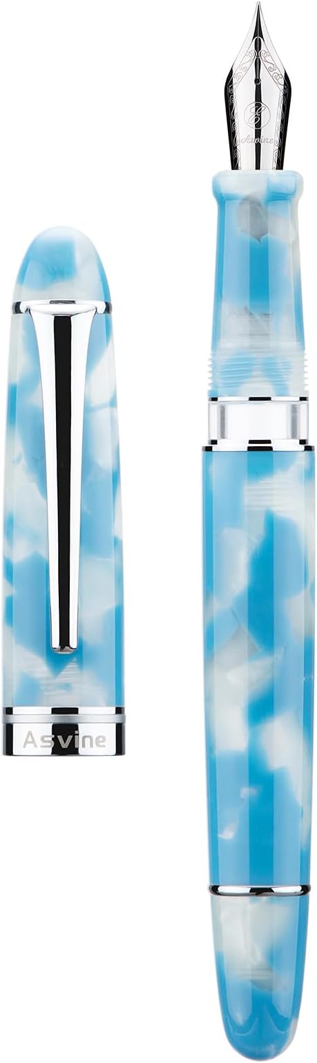 Asvine P50 Piston Fountain Pen Sky Blue Resin, Medium Nib Silver Trim Smooth Writer Collection with Pen Case Gift Set
