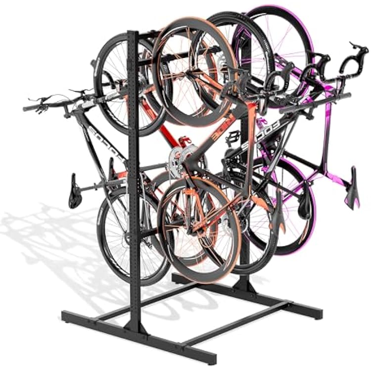 Freestanding Bike Rack Storage, 6 Bike Rack Adjustable Height, Space Saving, Vertical Floor Stand Bike Storage Garage for Backyard, Garage Organizer, Workplace, Up to 600 LBS Upgraded 6 Bike Rack
