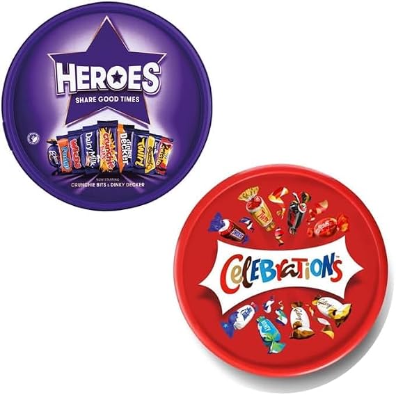 2 x Chocolate Tubs ASSORTED PACK 1 EACH Of Celebrations and Heroes Sharing Tub Perfect For Christmas
