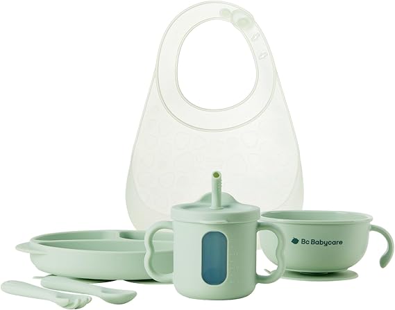 Bc Babycare 6PCS Silicone Baby Feeding Set | Suction Plate, Bowl, Bib, Sippy Cup, Forks & Spoons | BPA-Free Toddler Tableware (Green)