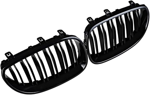 Pair Front Bumper Vertical Kidney Grille for 2003-2010 BMW E60 E61 5-Series M5 Sedan (Glossy Black, Dual Slat)