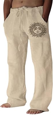 Puimentiua Cotton Linen Pants Men, Summer Beach Pants Loose Fit with Elastic Waist Drawstring