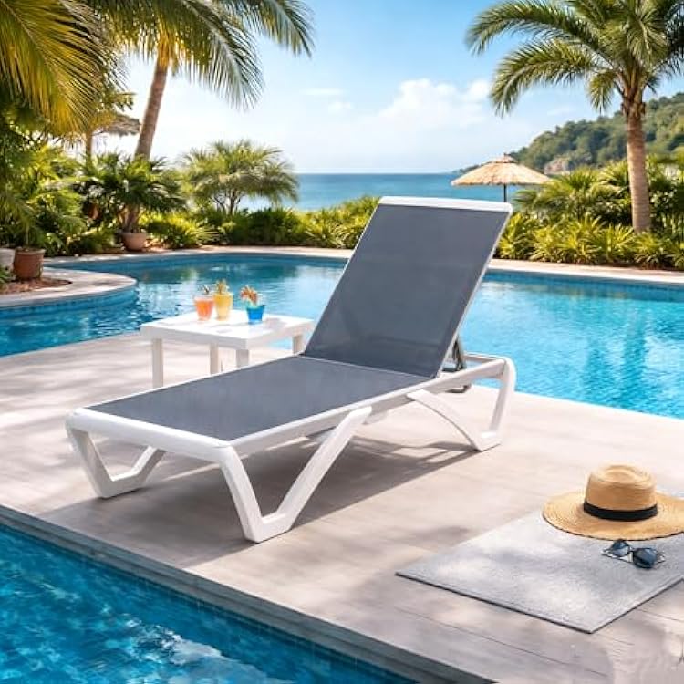 Kozyard Outdoor Chaise Lounge Chair, Full Flat Adjustable Patio Lounger with Aluminum Frame & Resin Legs, Textilene Fabric for Poolside, Backyard & Beach Gray, Chair with Table