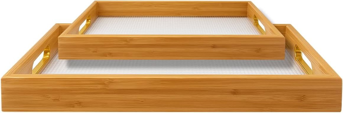 2-Piece Wooden Serving Tray Set with Handles – Elegant Rectangular Serving Platters/Trays for Tea, Coffee, Snacks & Breakfast | Kitchen & Dining Trays | Party Serving and Platters (Brown 2)
