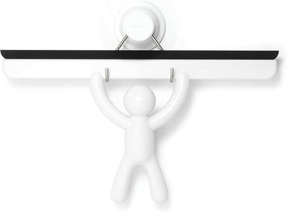 Umbra Buddy Adhesive Squeegee, Shower Glass and Mirror Cleaner, White | Streak-free flexible blade, mounts on tile or drywall, easy clean silicone, anti-rust plastic