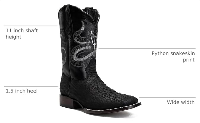 Mens Genuine Leather Exotic Python Snakeskin Print Square Toe Cowboy Western Boots - Black