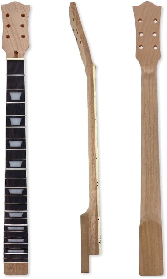 Yinfente Mahogany Electric Guitar Neck with Binding 22 Fret 24.75inch Rosewood Fretboard Trapezoid Inlay Set in Guitar Neck Replacement Unfinished