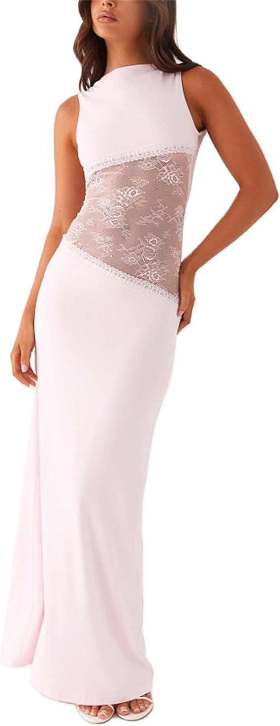Women Sexy Hollow Out Maxi Dress Sleeveless Backless Lace Pachwork Bodycon Long Dress Y2k Going Out Party Dress (Pink, M)
