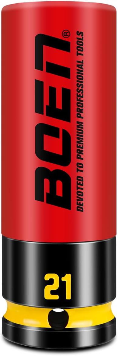 BOEN 21mm 1/2" Drive Wheel Protector Impact Socket, Non-Marring Thin Wall Wheel Protector Nut Socket, Color-Coded, Embossed and Painted Marking, CR-MO Steel