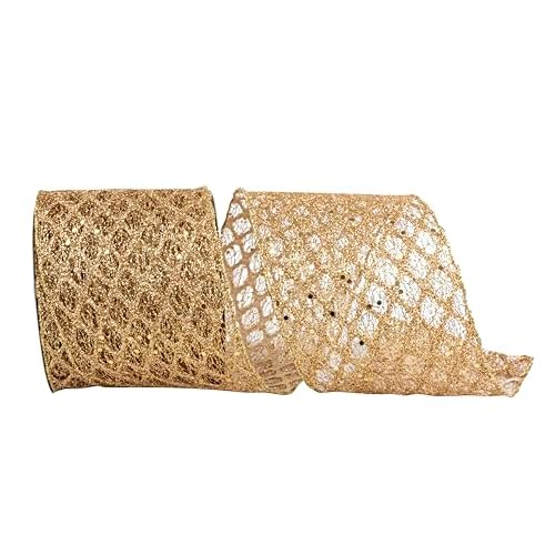 Ribbon - Glitter Mesh Diamond Web Wired Edge, Gold, 4 Inch, 10 Yards