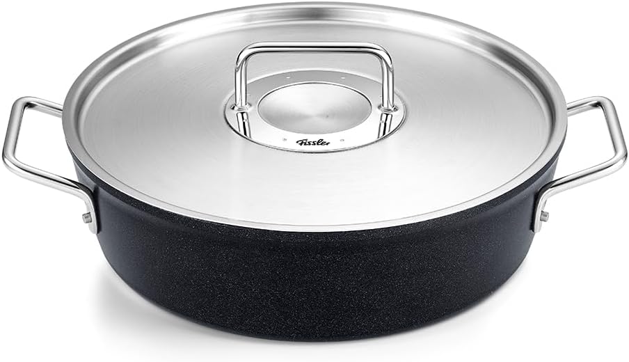 Fissler Fissler Two-Handled Pot 11.0 inches 28 cm Adamant Casserole Stainless Steel Lid Gas/IH Compatible Non-Stick Coating Made in Germany Black Officially Sold in Japan 156-124-28-000