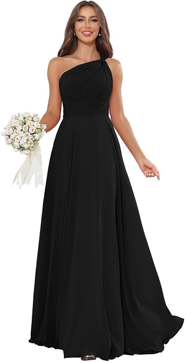 One Shoulder Bridesmaid Dresses Ruched Chiffon Long Formal Gown