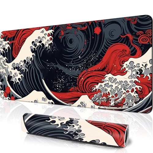 Sea Wave Large Gaming Mouse Pad for Desk, Big Mouse Pad Gaming Desk Mat for Keyboard and Mouse, 31.5x11.8in XL Mousepad with Stitched Edge, Non-Slip Base Computer Keyboard Mouse Mat Desk Pad, Red