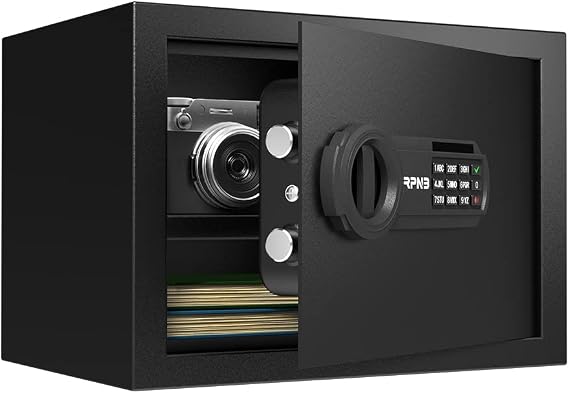 RPNB Small Home Safe Box,Personal Safe,Mini Money Safes for Home,0.5 CuFt | Digital Cash Safe with Keys,Electronic Code Lock,Steel Alloy Safe for Documents,Home,Office,Hotel,Business,Jewelry