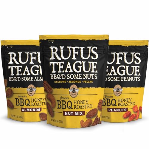 Rufus Teague BBQ Nut Variety Pack Smoky, Sweet & Crunchy Honey Roasted Nuts Almonds, Peanuts, Cashews & Pecans, 9 oz Resealable Pouches Pack of 3