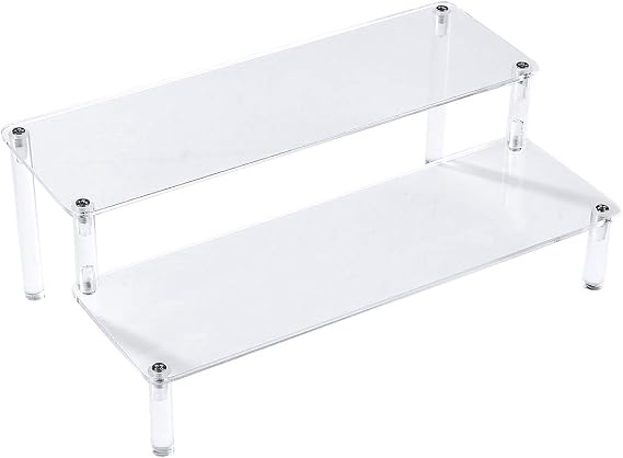 BYCY Acrylic Clear 2-Tier Riser Display Shelf for Figures, Desserts Holder, Collections Organizer and Cosmetic Items Shelf (12" x 6.9" x 4.25")
