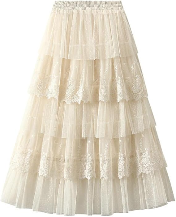 Women's Layered Tiered Tulle Skirt Elastic High Waist Elegant Fairy Embroidered Mesh A-Line Maxi Cake Skirt