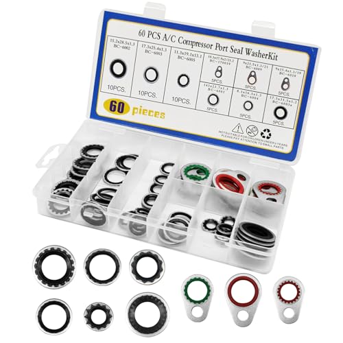 60 Pieces AC System Compressor Gasket Seals Air Conditioning Compressor Port Seal Washer Kit 9 Sizes Gasket Bonded Seal Assortment.