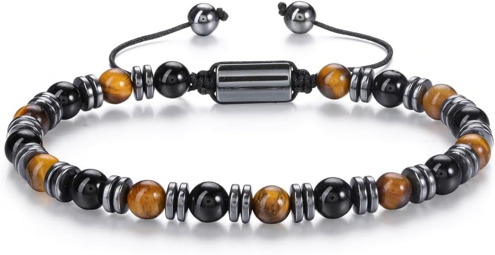 CrystalTears Mens Beaded Bracelet, 6mm Tiger Eye Hematite Gemstone Beaded Bracelets for Men Women, Healing Crystals Protection Men Bracelet Gifts for Him Boyfriend Dad Husband Birthday