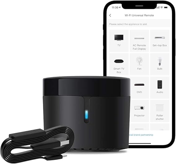 Broadlink RM4 Mini IR Universal Remote Control with HTS2 Cable (Only 2.4 GHz Wi-Fi) Intelligent Home Automation WiFi Infrared Blaster for TV, Air Conditioning, Compatible with Alexa and Google Home.