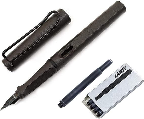 Lamy Safari Fountain Pen, Medium Nib + 5 Black Ink Cartridges (Matte Black)