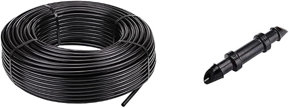 Raindrip 061050 5/8X500 Poly Drip Tubing, 5/8'' & 312050B Single Barbed Coupling Connectors, 1/4-Inch, 50 Per Bag, for Trees, Shrubs, Blacks