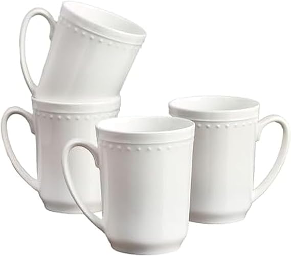 Everyday White by Fitz and Floyd Nevaeh Bone China Set of 4 Beaded Mugs, 17 ounces