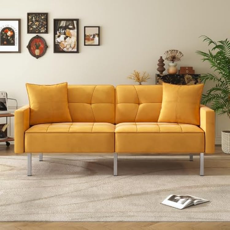 Convertible Folding Small Futon Couch Sofa Bed with MattressPillows, 75.6 Upholstered Lounge Sofa loveseat Sleeper, Comfy Futon Couches wAdjustable Armrests,Twin Daybed for living Room Yellow