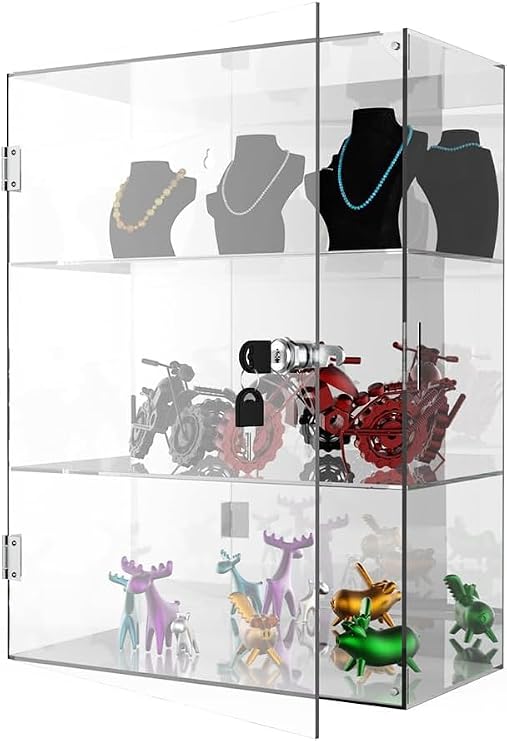Clear Acrylic Countertop Display Case: Showcase with Lock & Mirror - Detachable Display Cabinet for Figures Rock Collectibles (3-Tier)