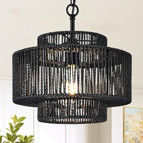Bagood 12.4" Black Woven Pendant Light 1 Light Black Rattan Chandelier Hand-Woven Rattans Chandelier 3-Tier Rattan Pendant Farmhouse Chandeliers Light Fixture for Dining Room Living Room