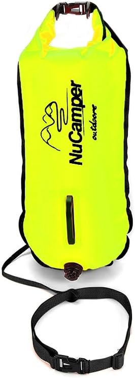 NuCamper Swimming Buoy Float 28L Waterproof Dry Bag with Adjustable Waist Belt Inflatable Buoy Beach Bag Large Storage Capacity for Open Water Swimmers and Triathletes Snorkelling