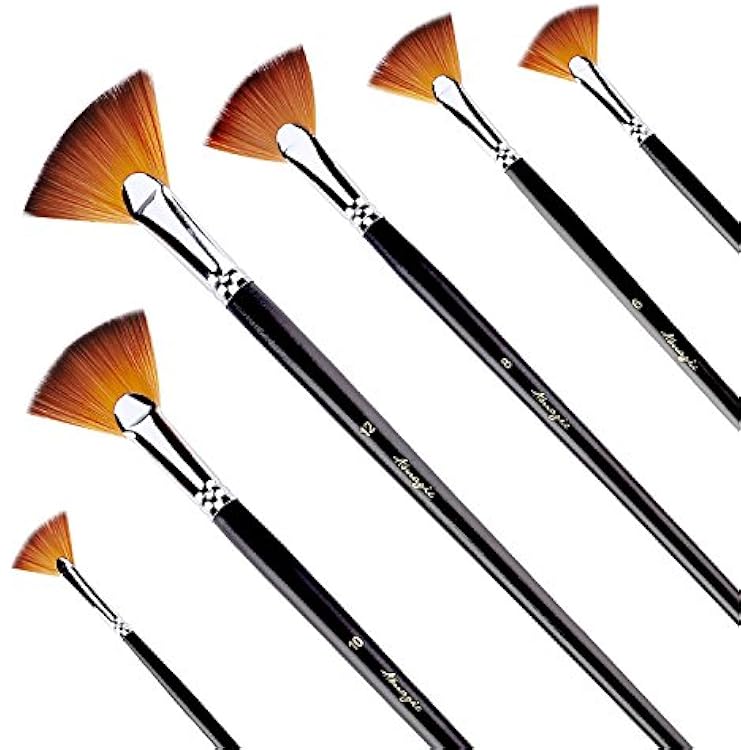 Amagic Fan Brush Set- Artist Soft Anti-Shedding Nylon Hair Paint Brushes for Acrylic Watercolor Oil Painting - Long Wood Handle with Storage Case, Set of 6