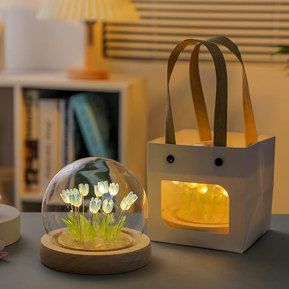 KINGCOO DIY Tulip Night Light Handmade Furniture Decoration Simulation Flower Bedroom Sleeping Table Lamp Children Girl Couple Friends Gift Atmosphere Decoration Desk Ornament (20 Flowers Blue)