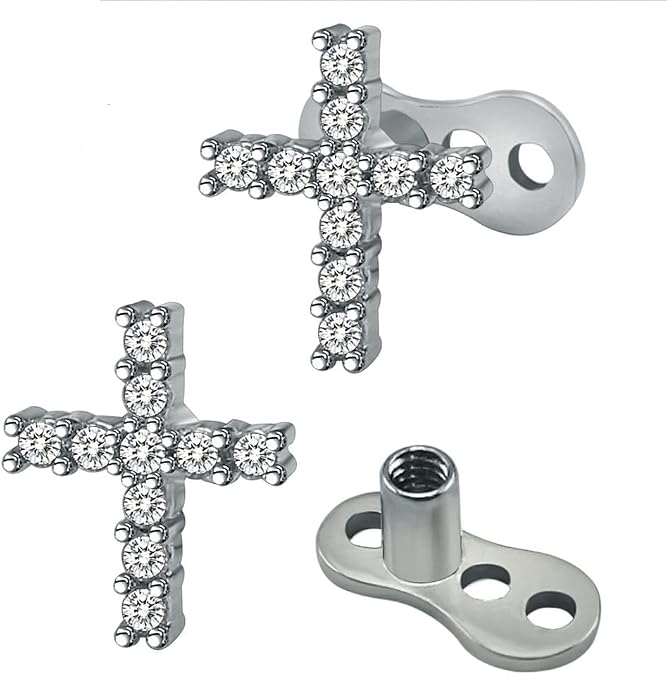 2Pcs 14G Cross Dermal Anchor Tops and Base Stainless Steel Cubic Zirconia Internally Threaded Microdermals Body Piercings Studs Dermal Piercings Surface Skin Piercing Body Jewelry for Women Men