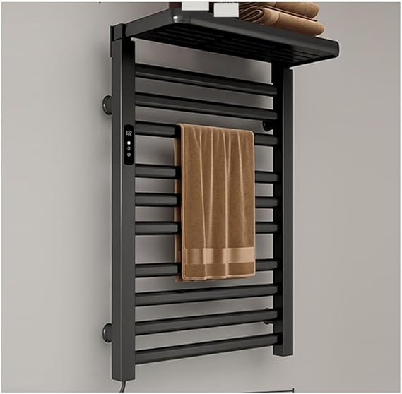 Heated Towel Warmer Wall Mounted, Electric Hot Towel Rack with Top Shelf, Large Towel Drying Rack with 1-9H Built-in Timer Temperature Adjustment, Plug in,Black,Right Line