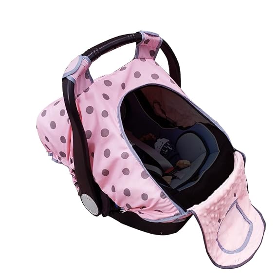 Carseat Cover Girls, Baby car seat Covers for Infant car seat, Baby Carrier Cover Canopy, Window in Door Zipper Open, 2 Layers, Pink dots;