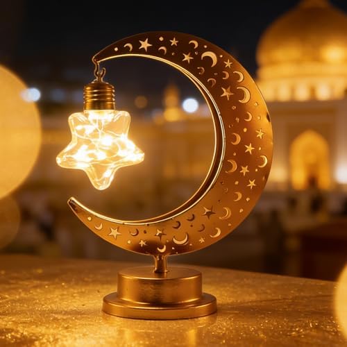 DECORKEY Ramadan Decorations Moon and Star Ramadan Lights for Table,Ramadan Decorations for Home Indoor and Outdoor,Moon Lamp with 2 LED Bulbs Table Decor,Moroccan,Eid, Gifts